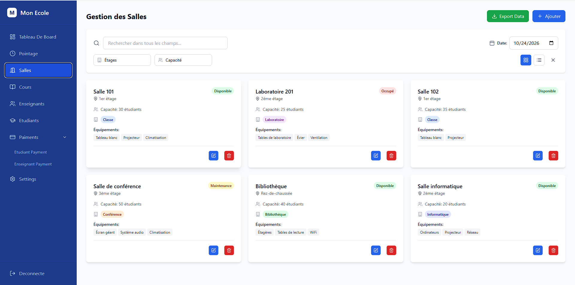 Mon École school management dashboard showing attendance, courses, and financial analytics